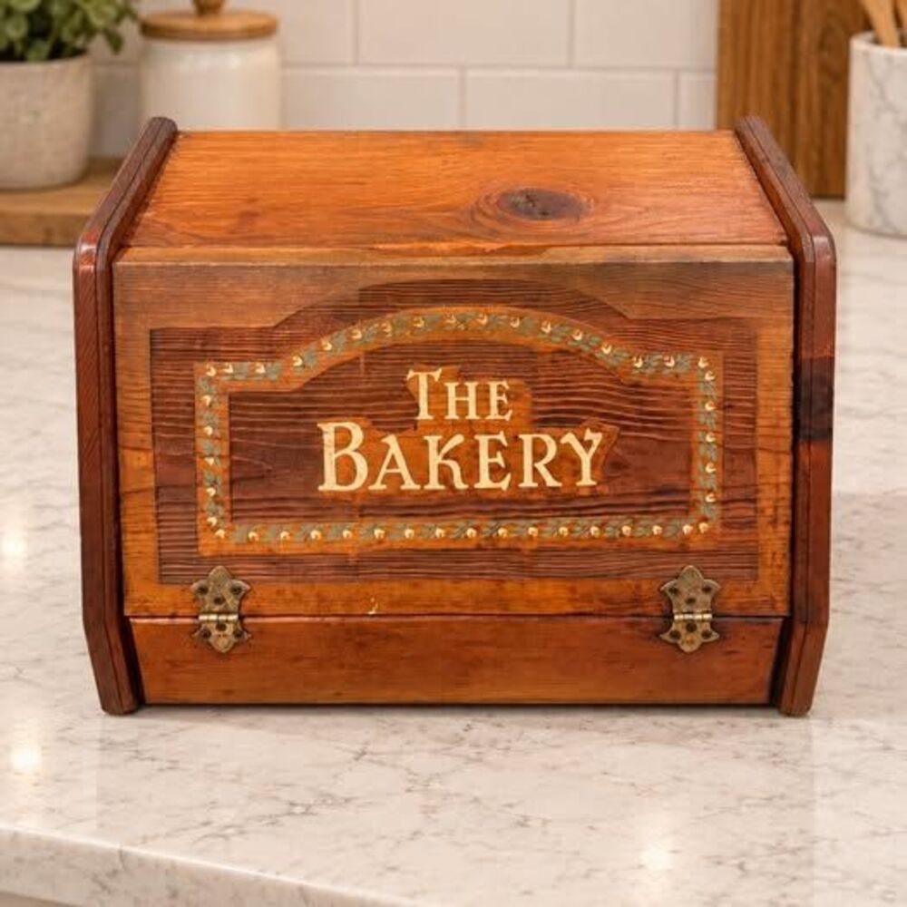 Vintage Wooden Bread Box The Bakery Hand Painted Floral Kitchen Storage